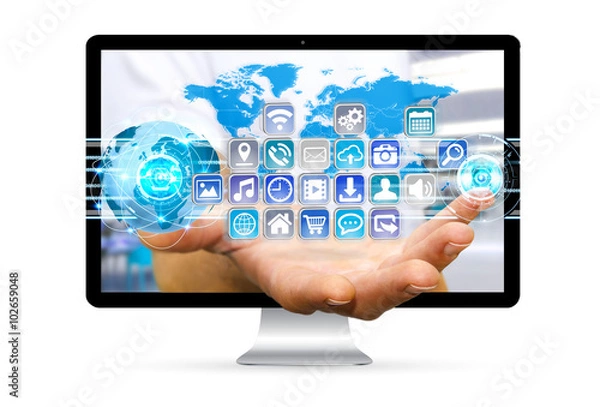 Fototapeta Businessman escaping from computer using modern digital applicat