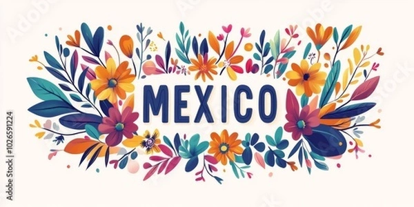 Fototapeta Mexican traditional floral ornaments vector logo design featuring the text "MEXICO" on a white background.