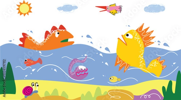 Fototapeta Cute border, kids decoration. Funny abstract childs banner design with creative elements, amasing happy fishes, doodle shapes. Decorative flat vector illustration isolated on white background