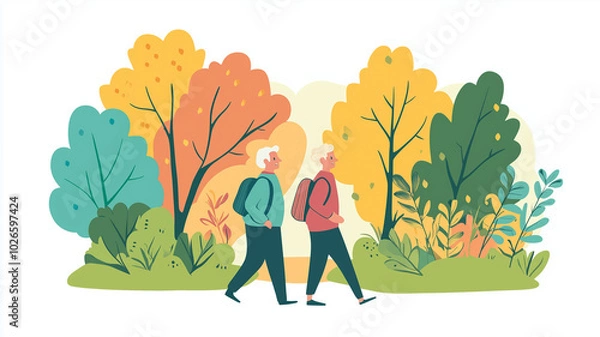 Fototapeta elderly couple enjoying a stroll in the park, vector style that is colorful, simple, and minimalistic, in a cartoon style. Senior couple in good health, retired couple walking, outdoor activity for se