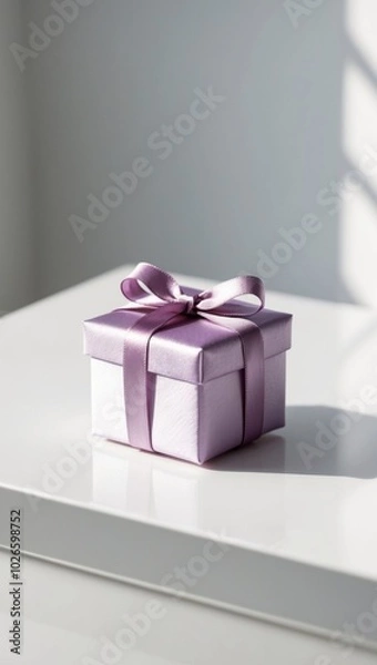 Fototapeta A small purple gift box with a satin ribbon displayed on a white surface.