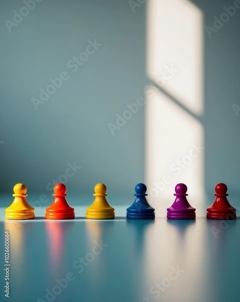 Fototapeta Colorful Game Pieces in a Row on Blue Background.