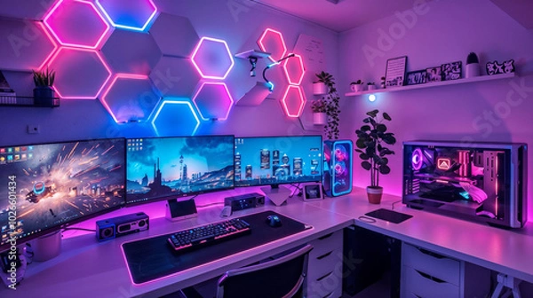 Fototapeta Vibrant gaming setup with neon-lit hexagonal wall panels. Multiple monitors display futuristic cityscapes and space scenes. RGB lighting creates an immersive cyberpunk atmosphere for high-tech enterta