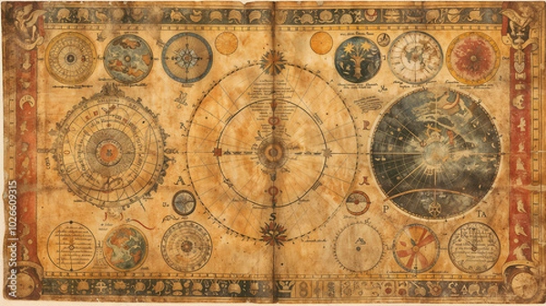 Fototapeta Ancient celestial map with intricate astronomical diagrams. Zodiac symbols, planetary orbits and constellations illustrated on aged parchment. Mystical charts blend science and astrology in wallpaper