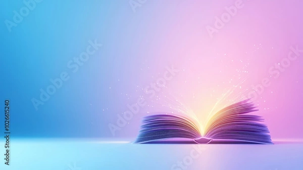 Fototapeta An open book emitting a radiant glow against a vibrant gradient background.