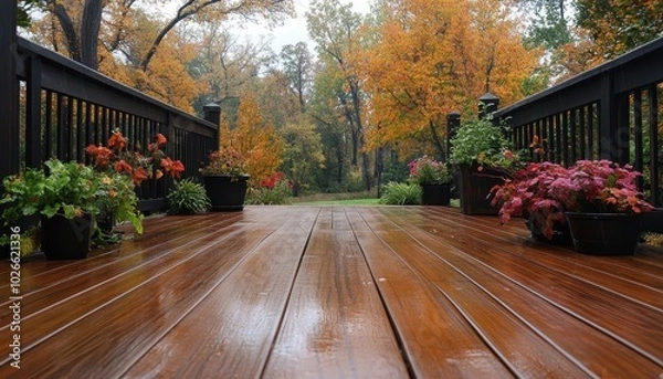 Fototapeta Sweeping the deck in autumn surrounded by colorful flowers and wet wood