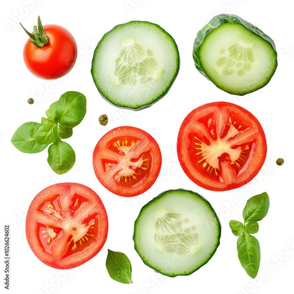 Fototapeta Top View of Freshly Sliced Cucumbers Arranged Neatly on a Wooden Cutting Board