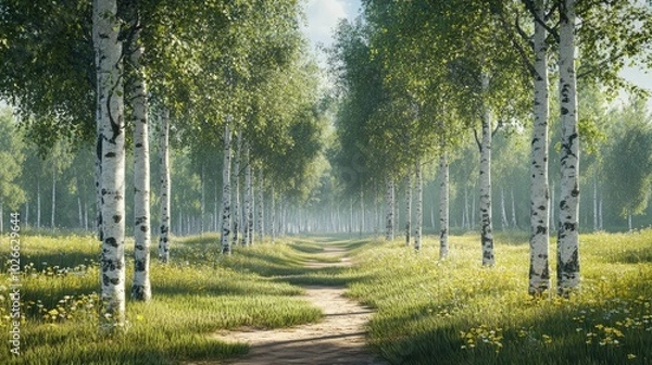 Fototapeta the green forest in the morning, even rows of trees