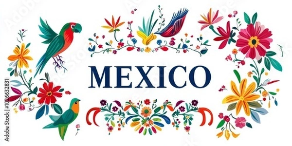 Obraz  the text "MEXICO" with geometric shapes, flower and bird patterns, Set against a bright, solid background, this design showcases a colorful Mexican theme with bold black lines.