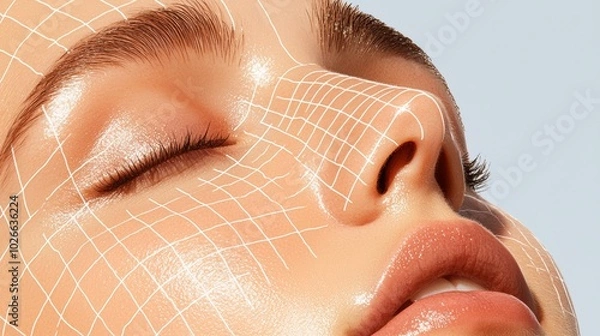 Fototapeta Close-up of a woman s face with facial grid markings, eyes closed, showcasing skincare or cosmetic treatment mapping, smooth and flawless skin