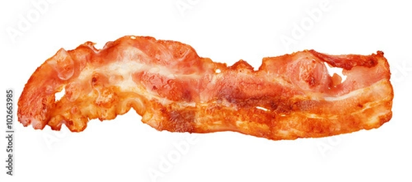 Fototapeta Cooked bacon strip close-up isolated on a white background.