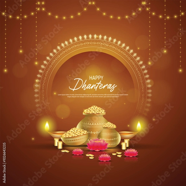 Fototapeta Happy Dhanteras - poster template design with gold coin in pot and decorative diya lamp.