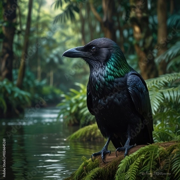 Fototapeta A black crow with iridescent green feathers perches on a log by a stream in a lush, green forest.