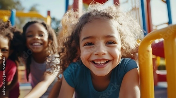 Fototapeta Close-up portrait of multiethnic children playing together on a playground, their faces glowing with joy and excitement,
