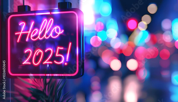 Fototapeta sign with glowing neon text " Hello 2025!" over blurred digital background