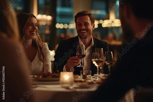 Obraz Elegant restaurant scene with friends dining, man holding wine glass, smiling, others laughing, luxury modern setting.