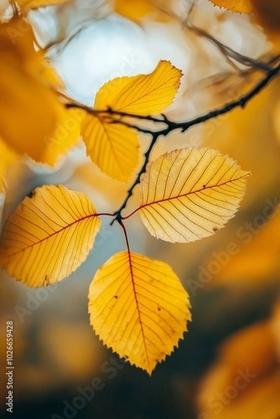 Fototapeta A close-up of vibrant golden leaves on a branch, evoking warmth and the beauty of nature's autumn season.