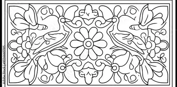 Fototapeta Illustration for a coloring book. Zentangle style line drawing of a butterfly and birds. Ideal for adult or child coloring.