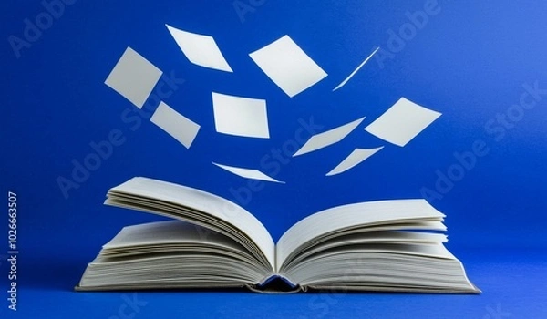 Fototapeta Blue background with a stack of books, flying books atop them, and a bookmark in the middle. Generative stock.