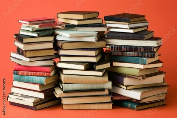 Fototapeta Stacks of pastel orange books and files isolated on an orange background