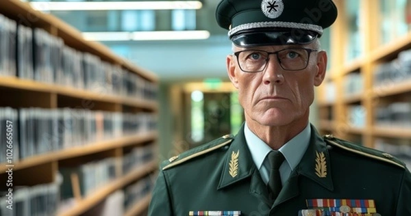 Fototapeta Gray background with an older man dressed as a Soviet soldier