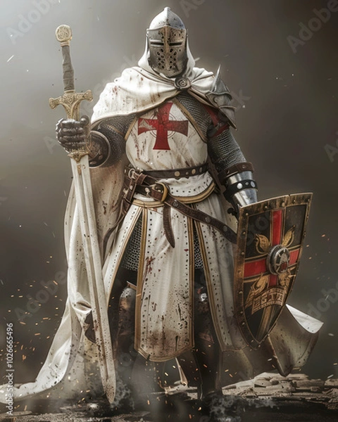 Obraz Medieval knight in armor with sword and cross emblem