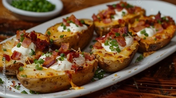 Fototapeta loaded potato skins topped with cheese and bacon on a plate, ideal for comfort food lovers and party appetizers

