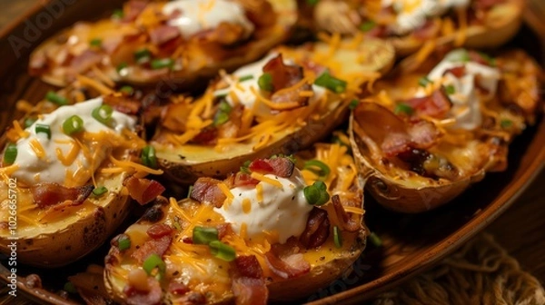 Fototapeta delicious plate of loaded potato skins with melted cheese and crispy bacon, perfect for satisfying cravings and sharing appetizers

