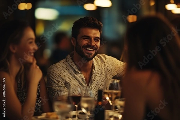 Obraz Group of friends at a chic restaurant, one man with a wine glass, smiling at a friend, others enjoying and laughing.