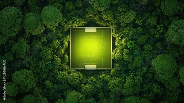 Fototapeta Aerial view of a soccer field surrounded by dense green trees, showcasing nature's beauty alongside sports.
