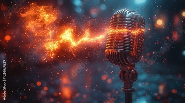 Fototapeta An artistic representation of a microphone emitting flames against a dark backdrop, illuminated by scattered lights. Ideal for music and performance themes.