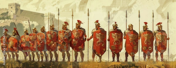 Obraz Roman soldiers in formation with shields and spears