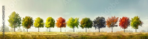 Fototapeta A row of trees symbolizing the seasons showcases nature's beauty: spring green leaves, summer lush canopies, autumn red and yellow hues, and winter bare branches. Suitable for educational materials.

