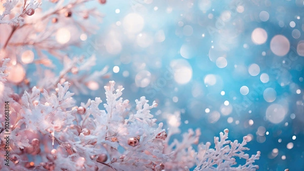 Fototapeta Pink pearls on snowy branch, new year abstract background