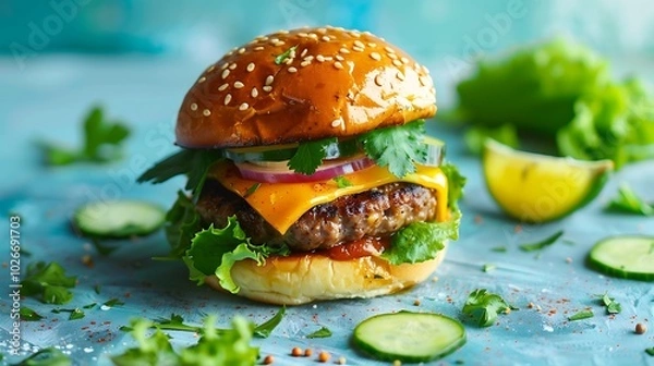 Fototapeta A blue backdrop features a cheeseburger accompanied by sausage slaw enjoy and cucumbers