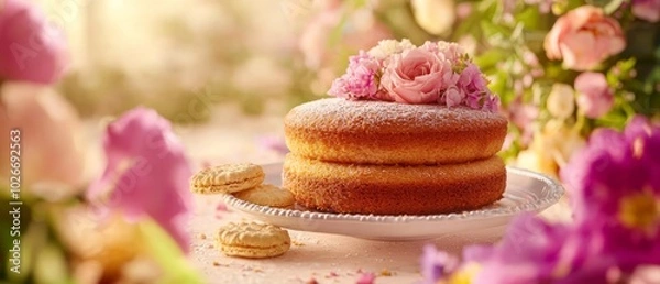 Fototapeta  A stack of donuts atop a white plate Nearby, a vase holds flowers