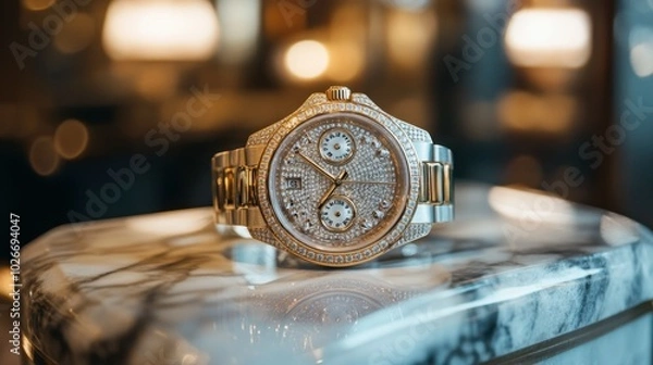 Fototapeta A diamond-studded watch displayed on a marble table, capturing the essence of luxury.