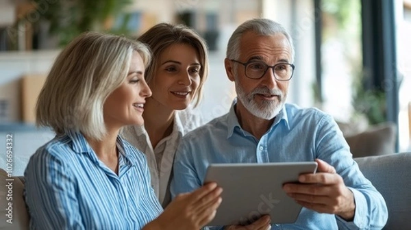 Fototapeta A financial planner holding a tablet with charts, explaining investment opportunities to a couple.
