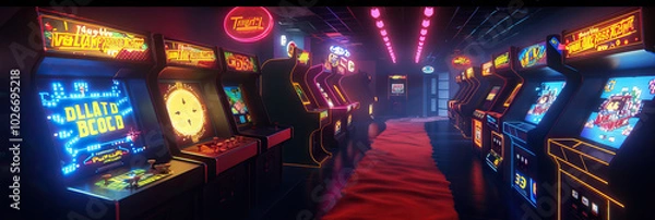 Obraz Retro Arcade Background: A nostalgic arcade background featuring classic video game art, adapted for a unique stage setting.
