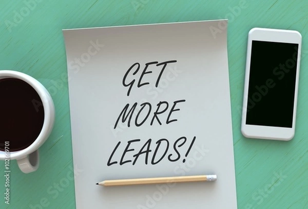 Fototapeta Get More Leads, message on paper, smart phone and coffee on table