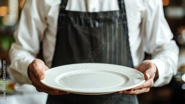 Fototapeta Waiter wearing an apron, holding an empty plate with both hands in a restaurant. Hospitality and service concept