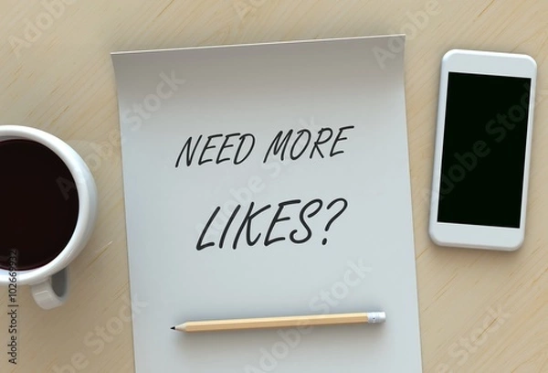 Fototapeta Need More Likes, message on paper, smart phone and coffee on table