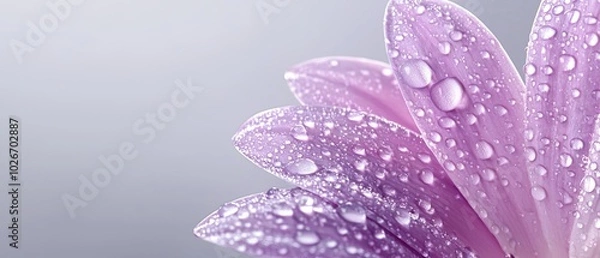 Fototapeta  A tight shot of a purple bloom sporting dewdrops on its petals against a backdrop of a blue sky