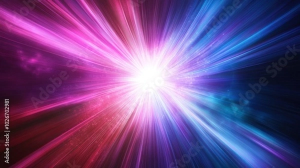 Fototapeta Colorful light bursts in pink, purple, and blue, radiating from a central point into darkness.
