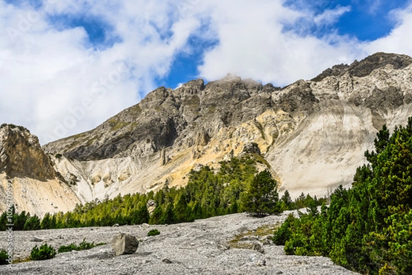 Fototapeta Ofenpass, Zernez, Val dal Botsch, Bergbach, Piz dal Fuorn, Piz da Botsch, Schotter, Föhren, Wanderweg, Geröll, Gämse, Steinbock, Nationalpark, Alpen, Herbst, Schweiz