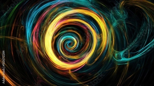 Fototapeta Vibrant neon light spirals swirling against a dark, abstract backdrop, giving a sense of motion.