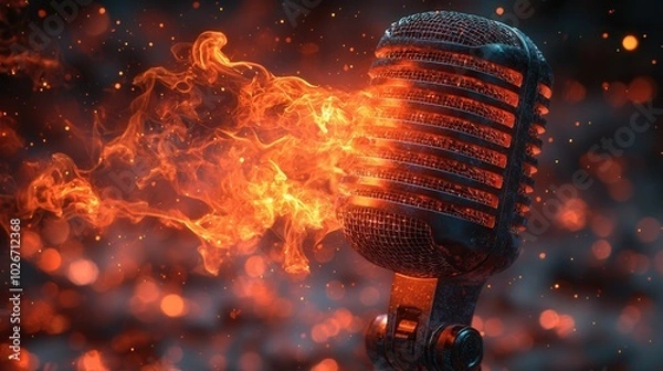 Fototapeta A stunning 3D render of a microphone emitting flames, capturing the essence of passionate performance and energy. Perfect for music lovers.