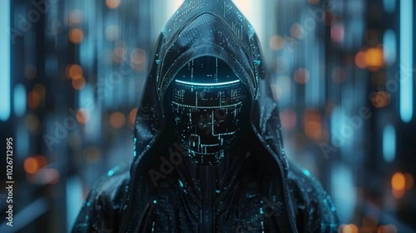 Obraz Anonymous robotic hacker in a dark environment symbolizing the concept of hacking, cybersecurity, cybercrime, and cyberattacks. The robotic figure's hidden identity and technological nature emphasize 