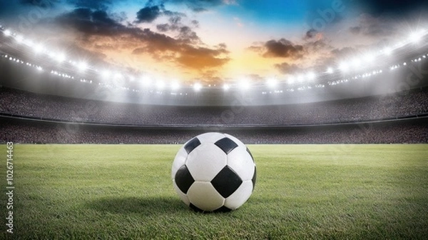 Fototapeta A Soccer Ball on a Green Field in a Stadium with a Crowd of Spectators and Bright Lights