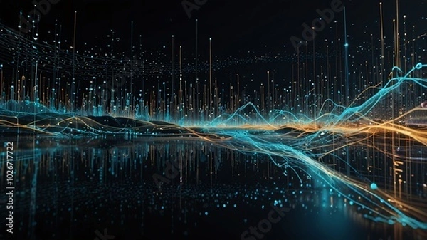 Obraz high-tech digital scene with flowing data streams and scattered digital particles, representing technology and communication.